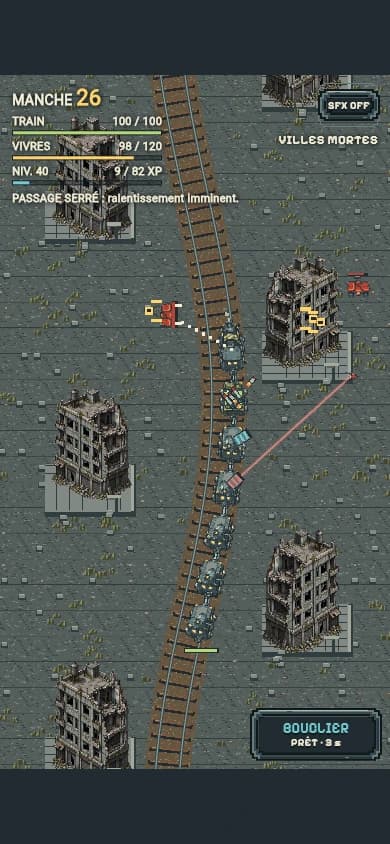 Un long train blindé combat au milieu des villes mortes.